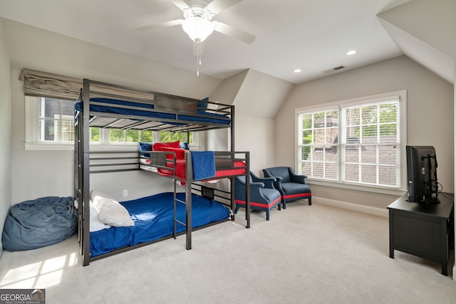 1849 Rock Springs Ln NE, Atlanta, GA 30324 - carpeted bedroom with lofted ceiling, baseboards, recessed lighting, and ceiling fan
