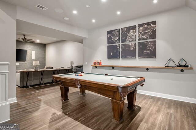 1849 Rock Springs Ln NE, Atlanta, GA 30324 - playroom featuring wood finished floors, a ceiling fan, billiards table, baseboards, and recessed lighting