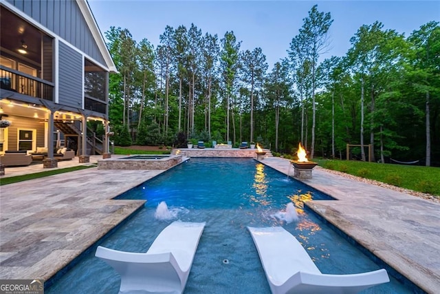 116 Serenity Lake Dr, Alpharetta, GA 30004 - view of pool featuring an outdoor living space with a fire pit, a patio area, a pool with connected hot tub, and ceiling fan