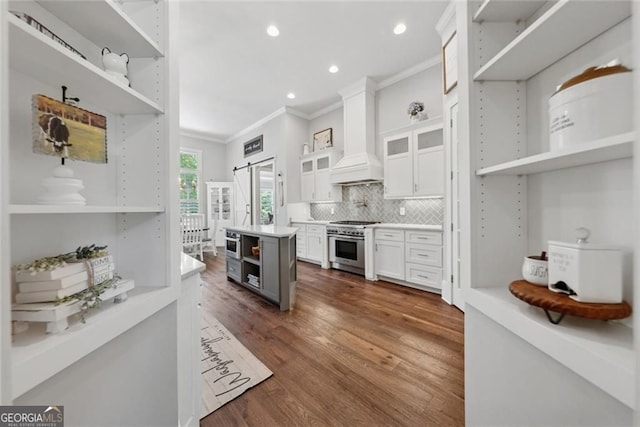 116 Serenity Lake Dr, Alpharetta, GA 30004 - kitchen featuring open shelves, stainless steel stove, white cabinets, ornamental molding, and premium range hood