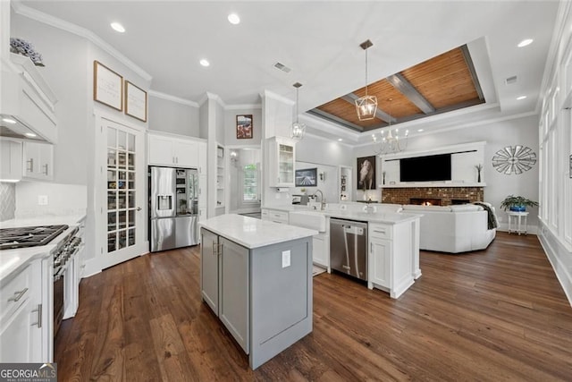 116 Serenity Lake Dr, Alpharetta, GA 30004 - kitchen with appliances with stainless steel finishes, a peninsula, open floor plan, light countertops, and ornamental molding