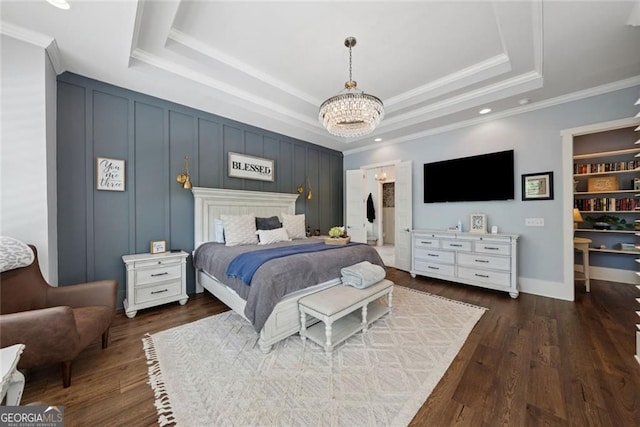 116 Serenity Lake Dr, Alpharetta, GA 30004 - bedroom with a chandelier, dark wood finished floors, a tray ceiling, and crown molding