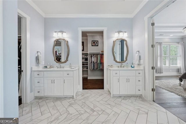 116 Serenity Lake Dr, Alpharetta, GA 30004 - full bath with a spacious closet, two vanities, crown molding, marble finish flooring, and baseboards