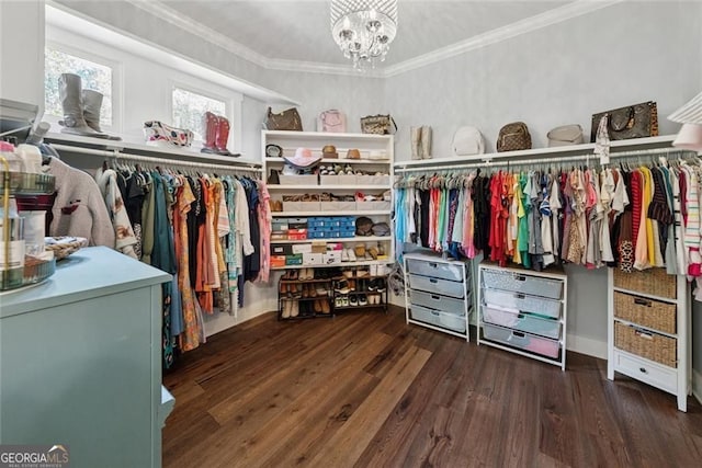 116 Serenity Lake Dr, Alpharetta, GA 30004 - walk in closet with wood finished floors and a chandelier
