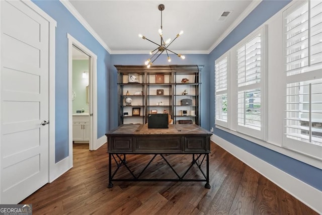 116 Serenity Lake Dr, Alpharetta, GA 30004 - office area featuring a chandelier, dark wood finished floors, crown molding, and baseboards