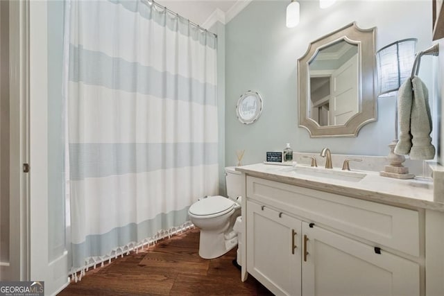 116 Serenity Lake Dr, Alpharetta, GA 30004 - full bathroom featuring toilet, crown molding, vanity, wood finished floors, and curtained shower