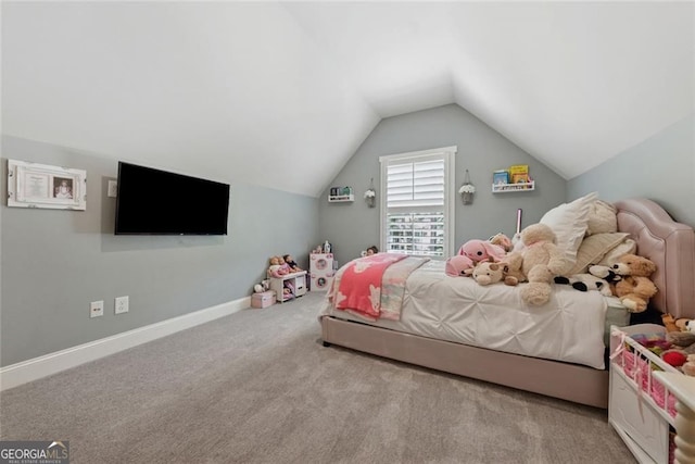 116 Serenity Lake Dr, Alpharetta, GA 30004 - carpeted bedroom featuring vaulted ceiling and baseboards
