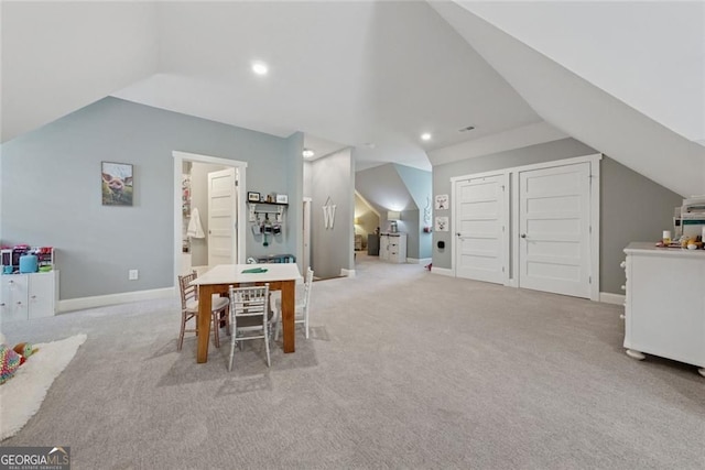 116 Serenity Lake Dr, Alpharetta, GA 30004 - game room featuring vaulted ceiling, light colored carpet, recessed lighting, and baseboards