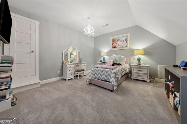 116 Serenity Lake Dr, Alpharetta, GA 30004 - carpeted bedroom featuring a chandelier, vaulted ceiling, and baseboards