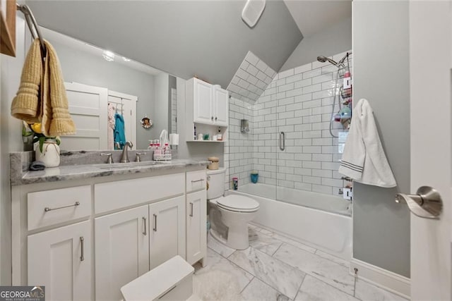 116 Serenity Lake Dr, Alpharetta, GA 30004 - bathroom with vanity, toilet, tub / shower combination, marble look tiles, and vaulted ceiling