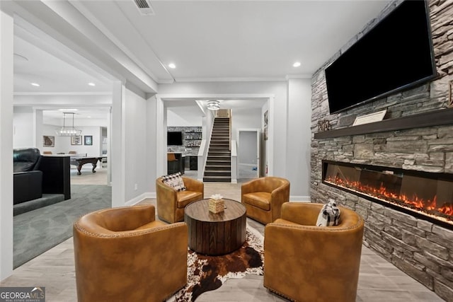 116 Serenity Lake Dr, Alpharetta, GA 30004 - interior space with a fireplace, recessed lighting, stairs, and baseboards