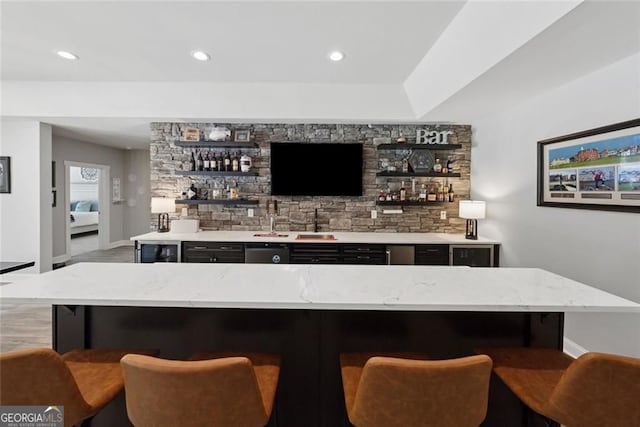 116 Serenity Lake Dr, Alpharetta, GA 30004 - indoor wet bar featuring baseboards, recessed lighting, light wood-type flooring, and beverage cooler