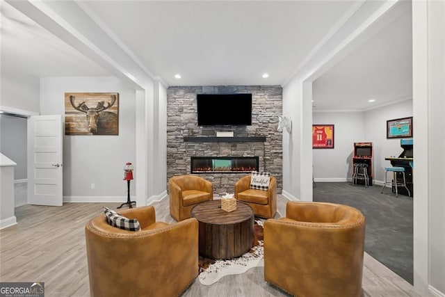 116 Serenity Lake Dr, Alpharetta, GA 30004 - living area with baseboards, a fireplace, crown molding, recessed lighting, and wood finished floors