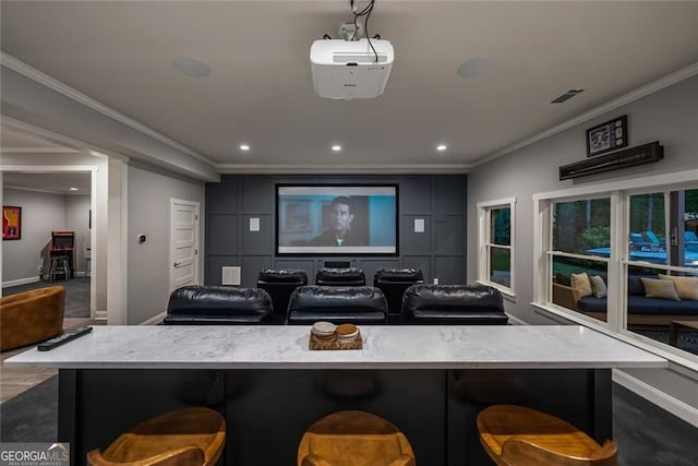116 Serenity Lake Dr, Alpharetta, GA 30004 - home theater featuring ornamental molding, recessed lighting, and baseboards