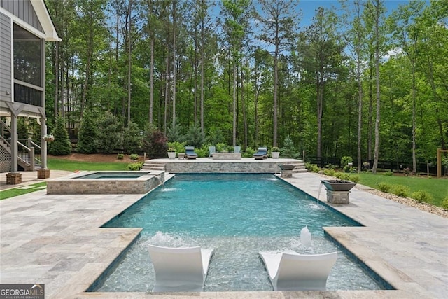 116 Serenity Lake Dr, Alpharetta, GA 30004 - view of pool with stairway, a patio, a wooded view, and a pool with connected hot tub