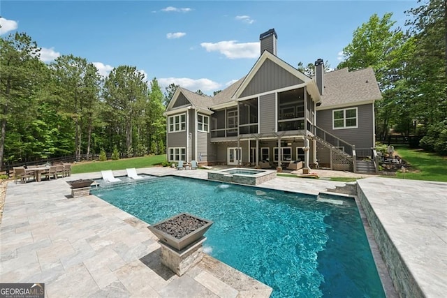 116 Serenity Lake Dr, Alpharetta, GA 30004 - view of pool with a sunroom, a patio area, stairway, and a pool with connected hot tub