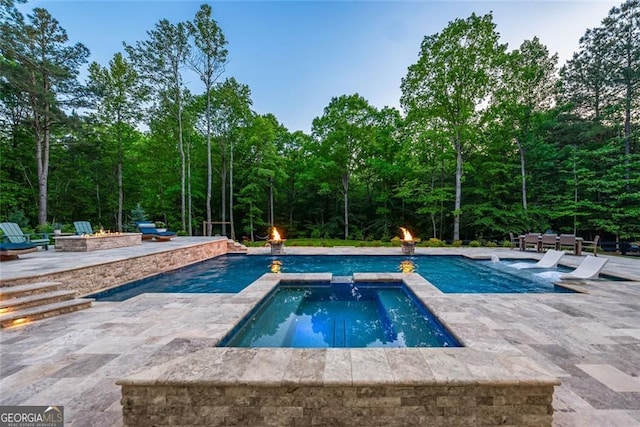 116 Serenity Lake Dr, Alpharetta, GA 30004 - view of swimming pool with a fire pit, a patio area, and a pool with connected hot tub