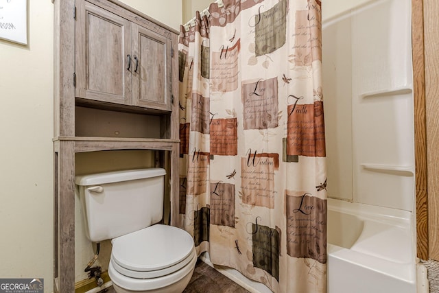 5255 Post Rd, Winston, GA 30187 - bathroom featuring shower / bath combination with curtain and wood finished floors