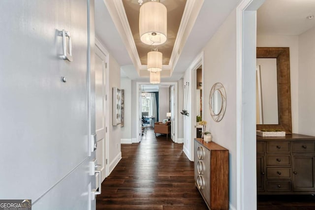 hall with a raised ceiling, dark wood-style flooring, baseboards, and ornamental molding