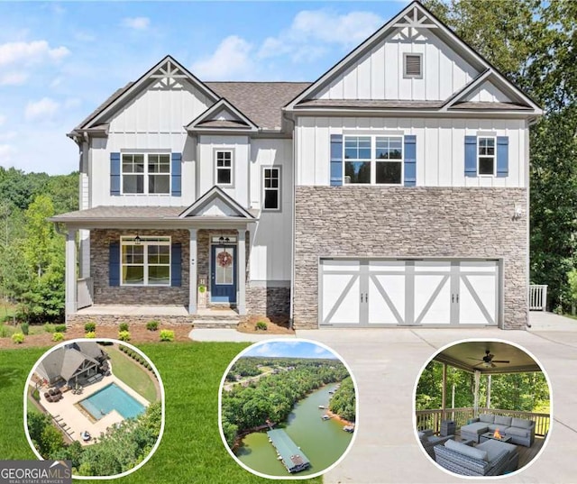 3616 Castoff Ct, Gainesville, GA 30506 - view of front facade featuring stone siding, board and batten siding, an attached garage, and a front yard