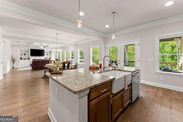 3616 Castoff Ct, Gainesville, GA 30506 - kitchen with a sink, stainless steel dishwasher, dark wood-type flooring, healthy amount of natural light, and crown molding