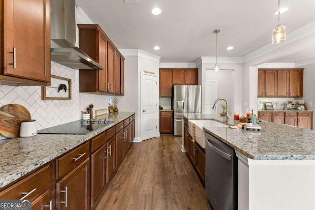 3616 Castoff Ct, Gainesville, GA 30506 - kitchen with wall chimney exhaust hood, stainless steel appliances, a sink, dark wood finished floors, and light stone countertops
