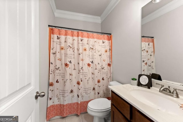 3616 Castoff Ct, Gainesville, GA 30506 - full bathroom featuring ornamental molding, vanity, toilet, tile patterned floors, and curtained shower