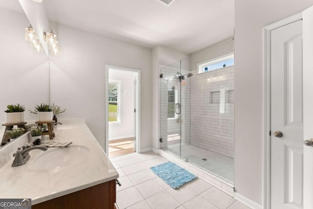 3616 Castoff Ct, Gainesville, GA 30506 - bathroom featuring a shower stall, tile patterned floors, double vanity, and baseboards