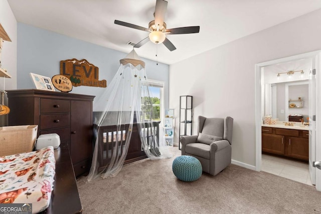 3616 Castoff Ct, Gainesville, GA 30506 - bedroom with light colored carpet, connected bathroom, access to outside, baseboards, and ceiling fan