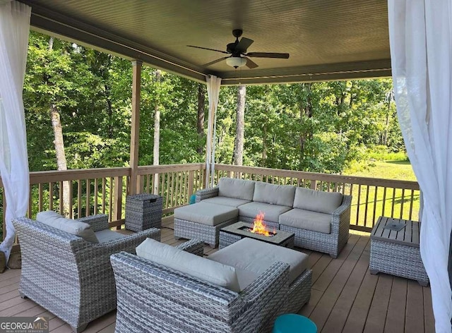 3616 Castoff Ct, Gainesville, GA 30506 - deck featuring an outdoor living space with a fire pit and a ceiling fan