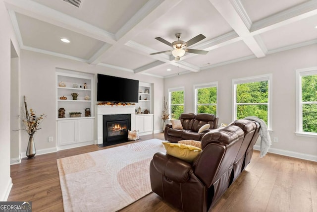 3616 Castoff Ct, Gainesville, GA 30506 - living room featuring coffered ceiling, wood finished floors, baseboards, beam ceiling, and a fireplace with flush hearth