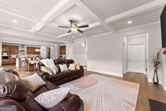 3616 Castoff Ct, Gainesville, GA 30506 - living area with coffered ceiling, beamed ceiling, ceiling fan, wood finished floors, and recessed lighting