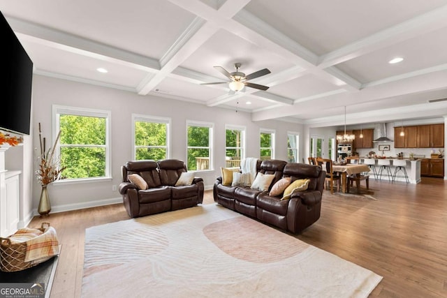 3616 Castoff Ct, Gainesville, GA 30506 - living room featuring wood finished floors, a ceiling fan, coffered ceiling, beam ceiling, and a chandelier