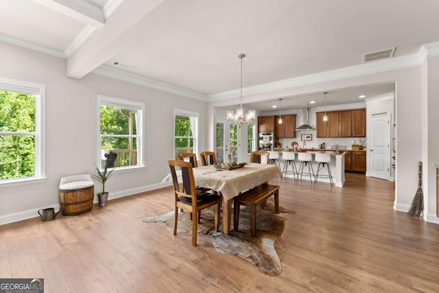 3616 Castoff Ct, Gainesville, GA 30506 - dining space featuring a chandelier, dark wood-style floors, baseboards, ornamental molding, and beam ceiling