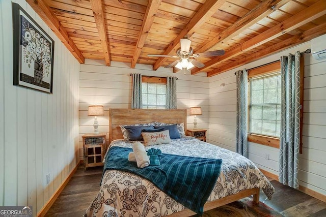 369 Trillium Rd, Suches, GA 30572 - bedroom featuring wood ceiling, wood finished floors, wood walls, beamed ceiling, and baseboards