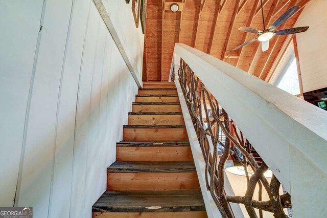 369 Trillium Rd, Suches, GA 30572 - stairway with a ceiling fan and wood walls