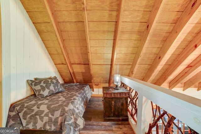 369 Trillium Rd, Suches, GA 30572 - bedroom featuring wood finished floors, wooden ceiling, wood walls, and beamed ceiling