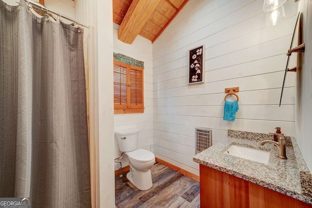 369 Trillium Rd, Suches, GA 30572 - bathroom featuring wood finished floors, toilet, wooden walls, wood ceiling, and vanity