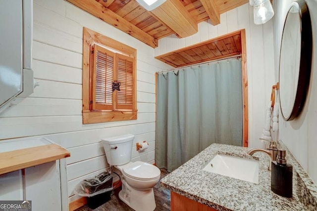 369 Trillium Rd, Suches, GA 30572 - bathroom featuring wood ceiling, toilet, vanity, beamed ceiling, and wood walls