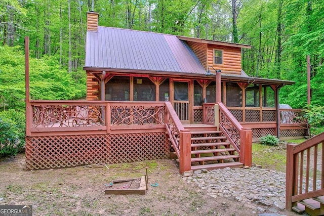 369 Trillium Rd, Suches, GA 30572 - rear view of property with a sunroom, metal roof, a deck, and stairway
