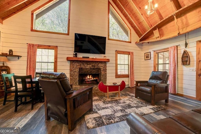 369 Trillium Rd, Suches, GA 30572 - living area with wooden ceiling, high vaulted ceiling, beamed ceiling, wood walls, and wood finished floors