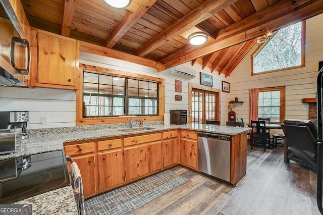 369 Trillium Rd, Suches, GA 30572 - kitchen featuring appliances with stainless steel finishes, wooden ceiling, a wall unit AC, wood finished floors, and a peninsula