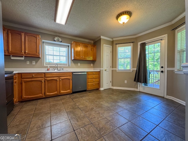kitchen with dishwasher, a sink, plenty of natural light, brown cabinets, and a textured ceiling