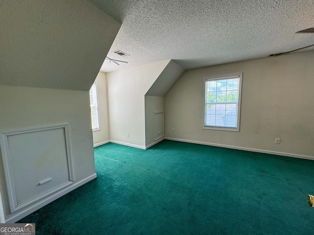 additional living space with carpet floors, a textured ceiling, baseboards, and lofted ceiling