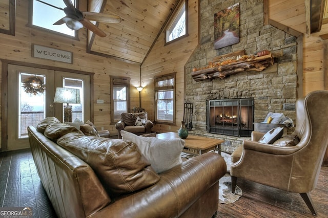 840 Deer Crest Rd, Blue Ridge, GA 30513 - living room with hardwood / wood-style flooring, high vaulted ceiling, ceiling fan, plenty of natural light, and wood walls