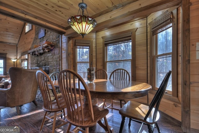 840 Deer Crest Rd, Blue Ridge, GA 30513 - dining space featuring wooden ceiling, plenty of natural light, wooden walls, a fireplace, and wood finished floors
