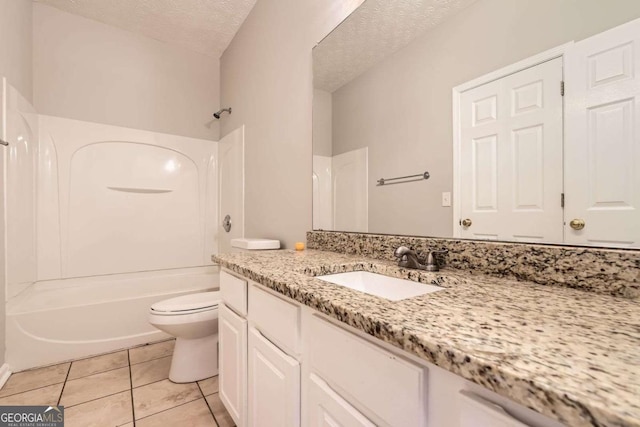 full bathroom with toilet, shower / bath combination, a textured ceiling, vanity, and tile patterned flooring