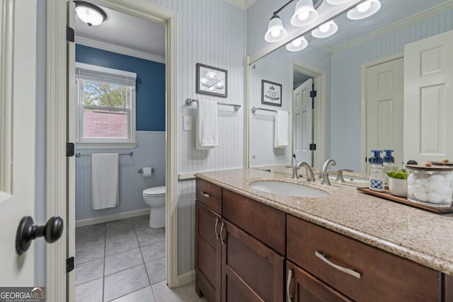 1870 Shoreline Trce, Grayson, GA 30017 - bathroom featuring ornamental molding, vanity, tile patterned flooring, wainscoting, and wallpapered walls