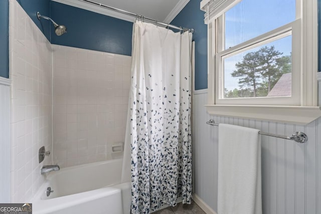 1870 Shoreline Trce, Grayson, GA 30017 - bathroom with shower / bathtub combination with curtain and a wainscoted wall