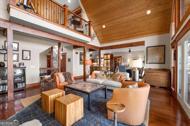 living area with baseboards, dark wood-type flooring, high vaulted ceiling, and recessed lighting